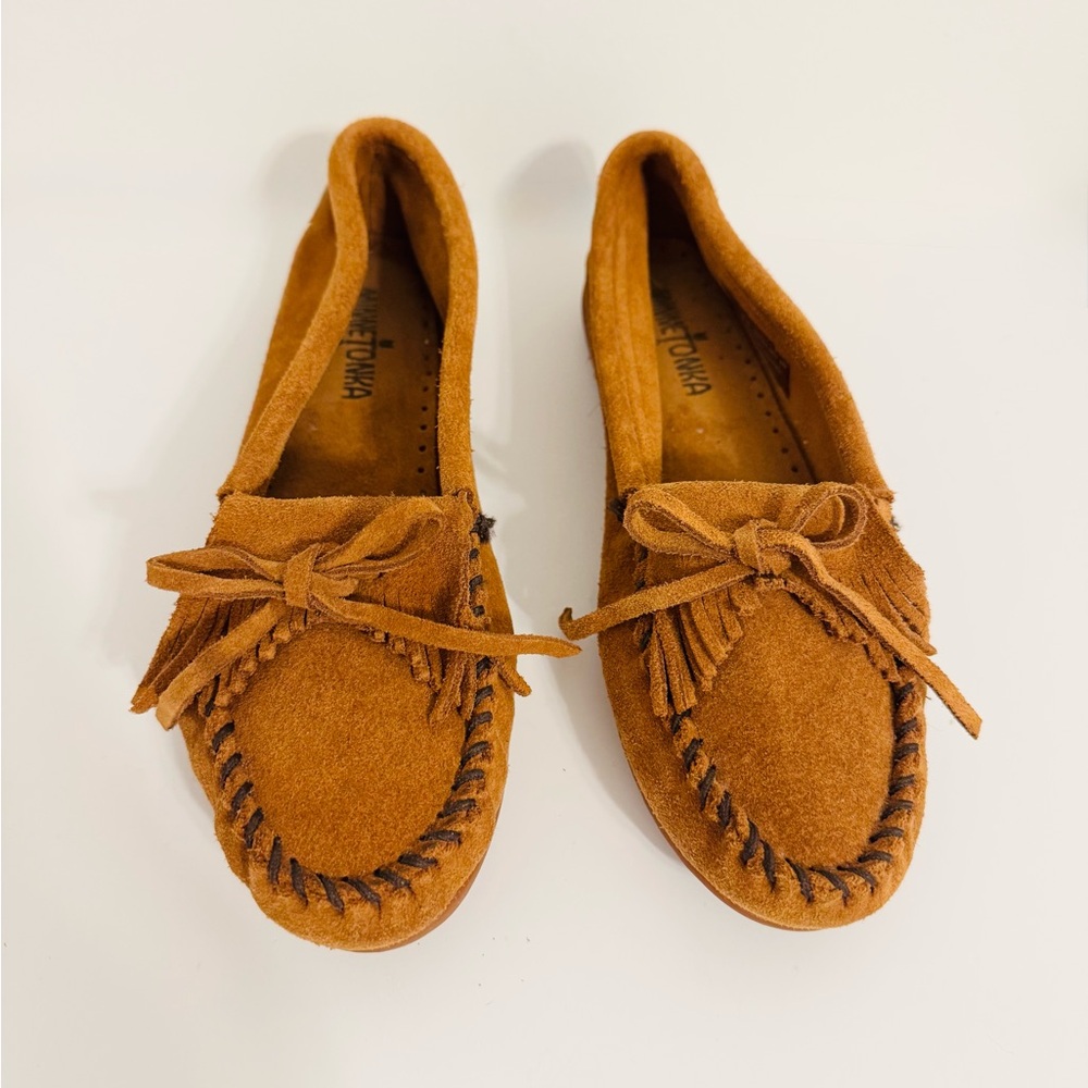 Minnetonka Kilty Hardsole Moccasins | Brown Suede Slip-Ons